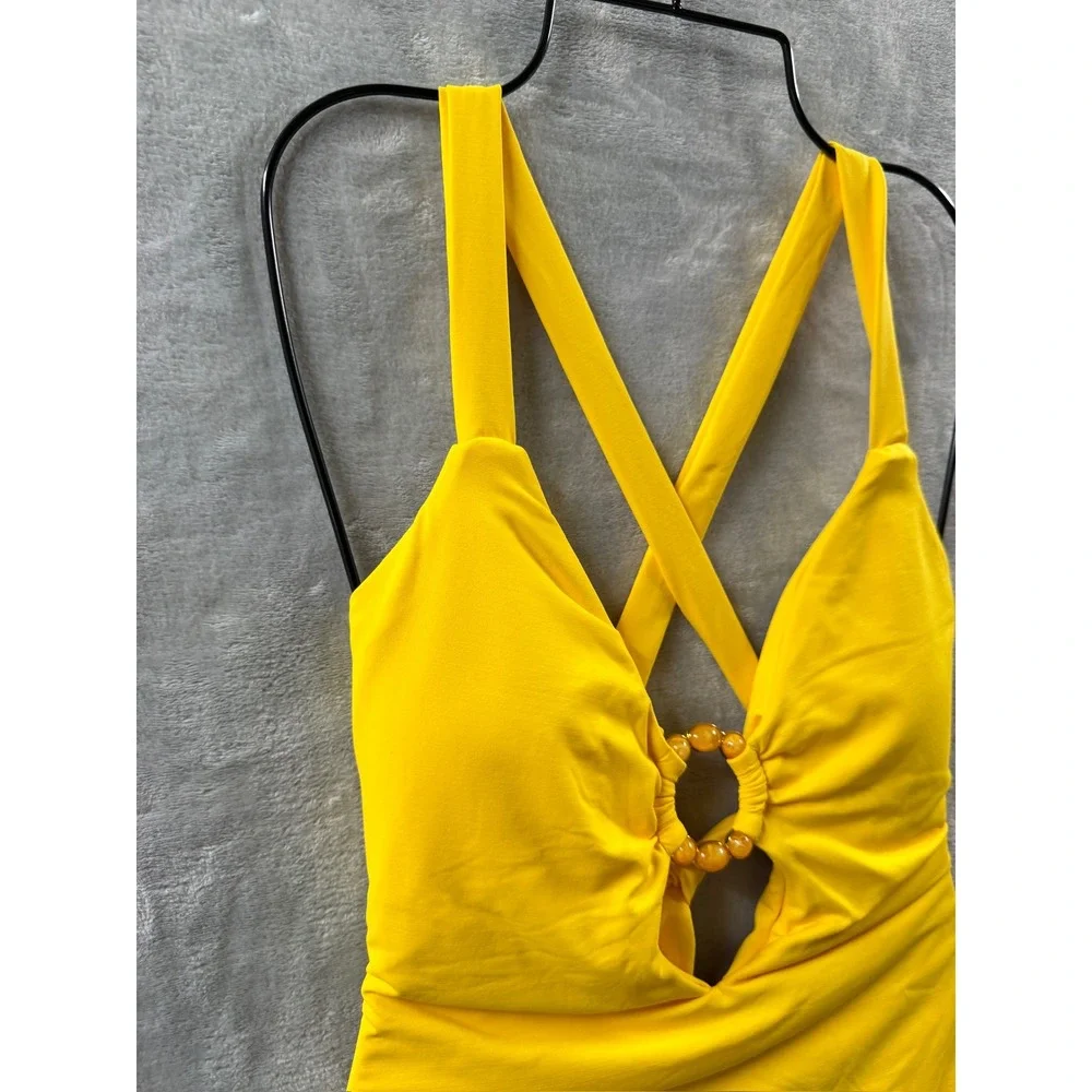 Becca Yellow Beaded Ring One Piece Swimsuit Plunge V-Neck Cross Back Cutout  L